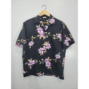 Vintage Darina Honolulu Mens Black Hibiscus Flower Short Sleeve Hawaiian Shirt